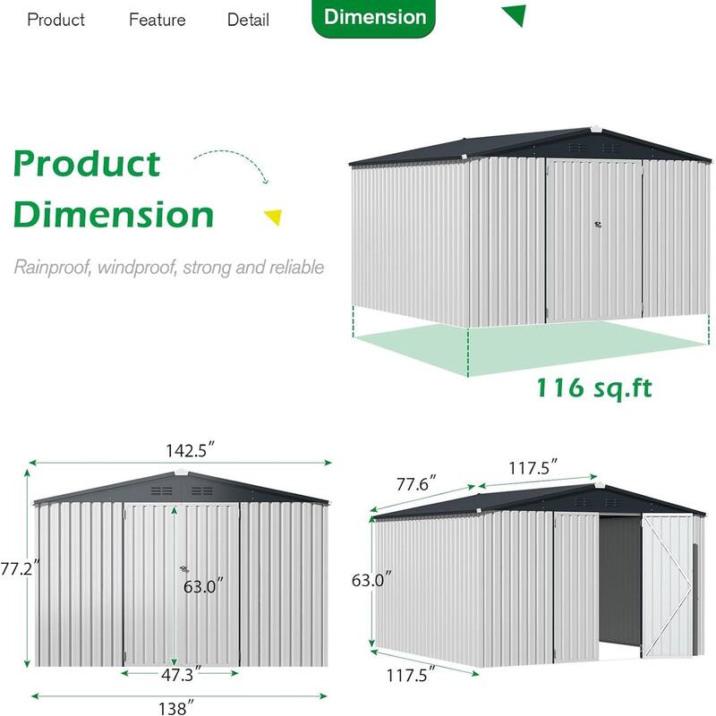 AECOJOY Outdoor Extra Large Storage Metal Shed with Lockable Doors