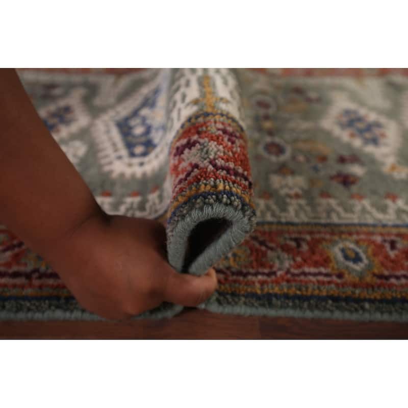 Green Geometric Viss Oriental Runner Rug Handmade Wool Carpet - 2'6"x 8'1"
