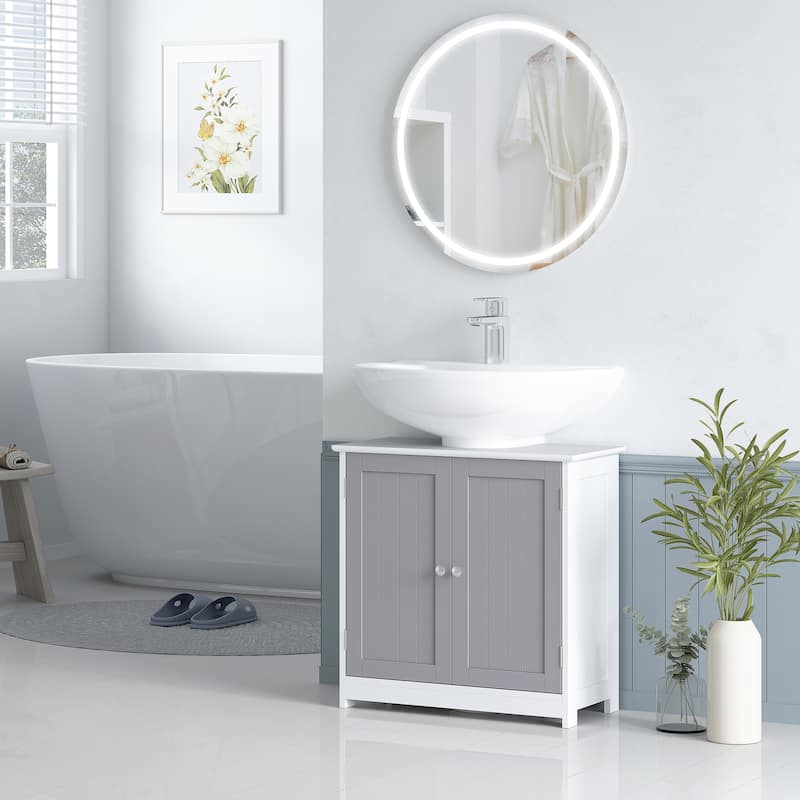 kleankin Vanity Base Cabinet, Under-Sink Bathroom Cabinet Storage with U-Shape Cut-Out, White and Grey