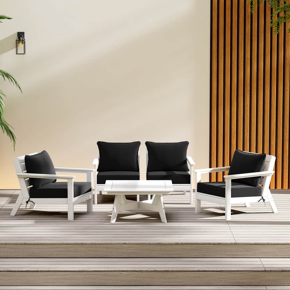 Birchwood All Weather HDPE Outdoor Patio White Deep Seating Conversation Set (5-Piece Set)