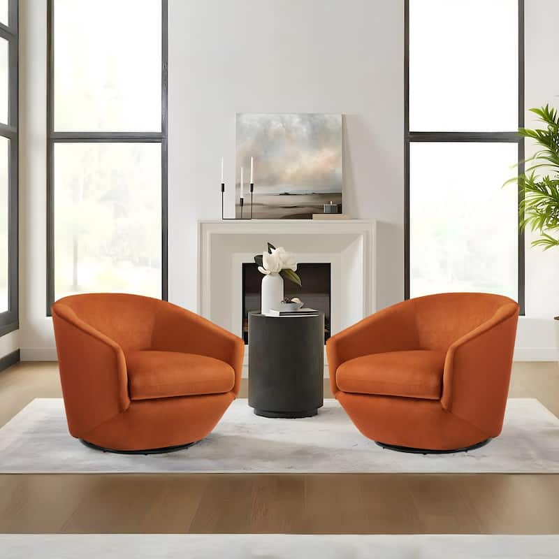 2 Set Vegan Leather Armchair Barrel Swivel Accent Chairs - Velvet - Orange