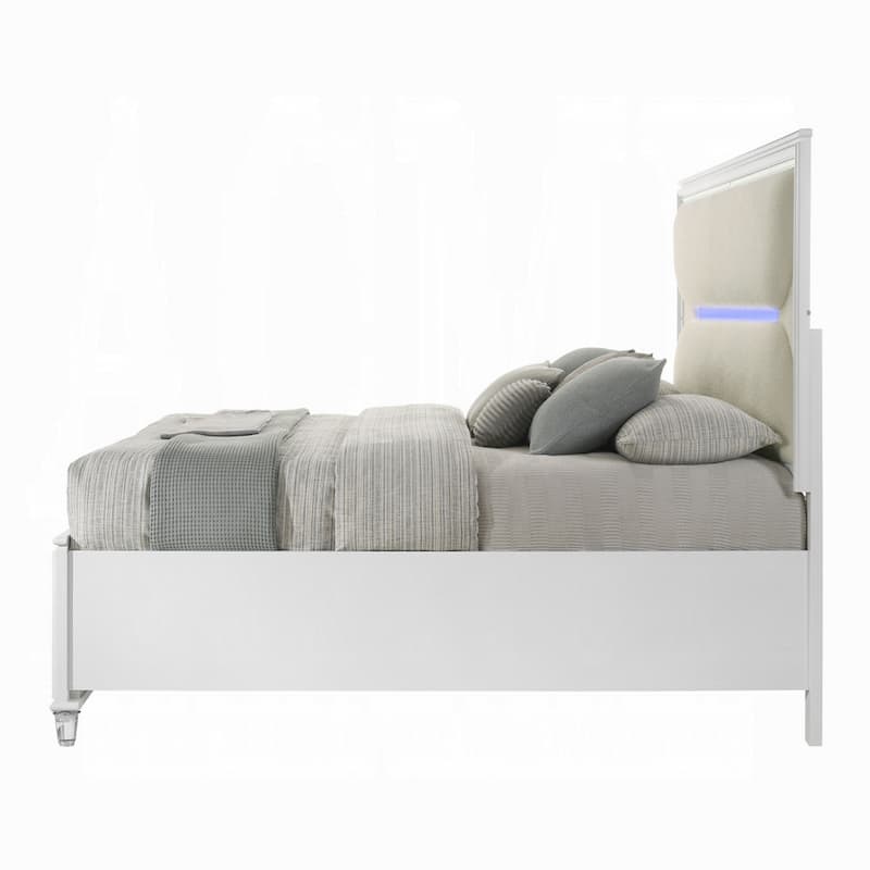 Rara Queen Size Bed, 2 Storage Drawers, LED, White Boucle Upholstery