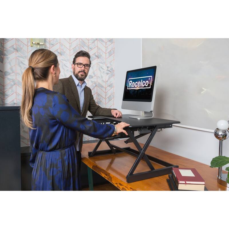 Rocelco 40 in. W Black Height Adjustable Standing Desk Converter with Anti Fatigue Mat Tall Computer Riser Platform