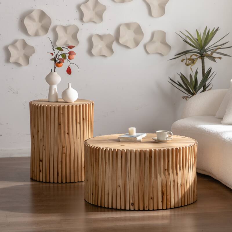 Retro Fashion Style Cylindrical Coffee Table with Vertical Texture Relief Design,Suitable for Living Room,Office(Set of 2) - Natural - Wood