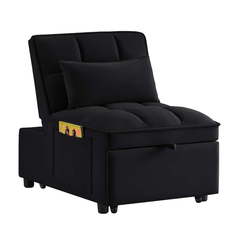 Black 68.5" Velvet Single Folding Sofa Bed with Adjustable Backrest and Pillows for Living Room