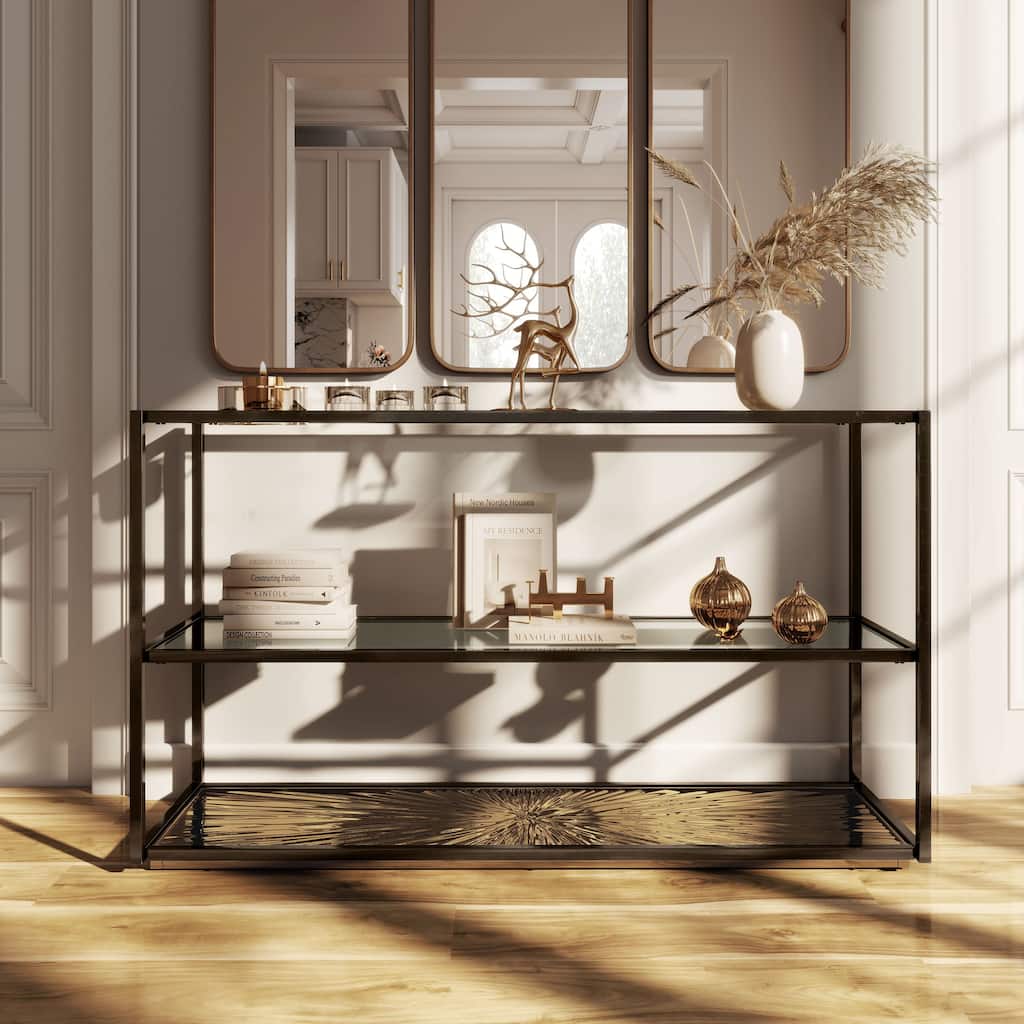 247 Shop At Home Aureum Modern 1-Shelf Sofa Table with Sunburst Base and Tempered Glass Top