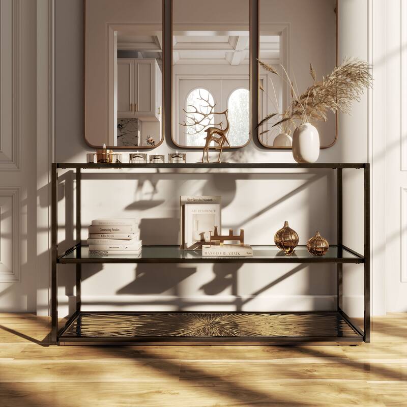 247 Shop At Home Aureum Modern 1-Shelf Sofa Table with Sunburst Base and Tempered Glass Top - Antique Gold & Black