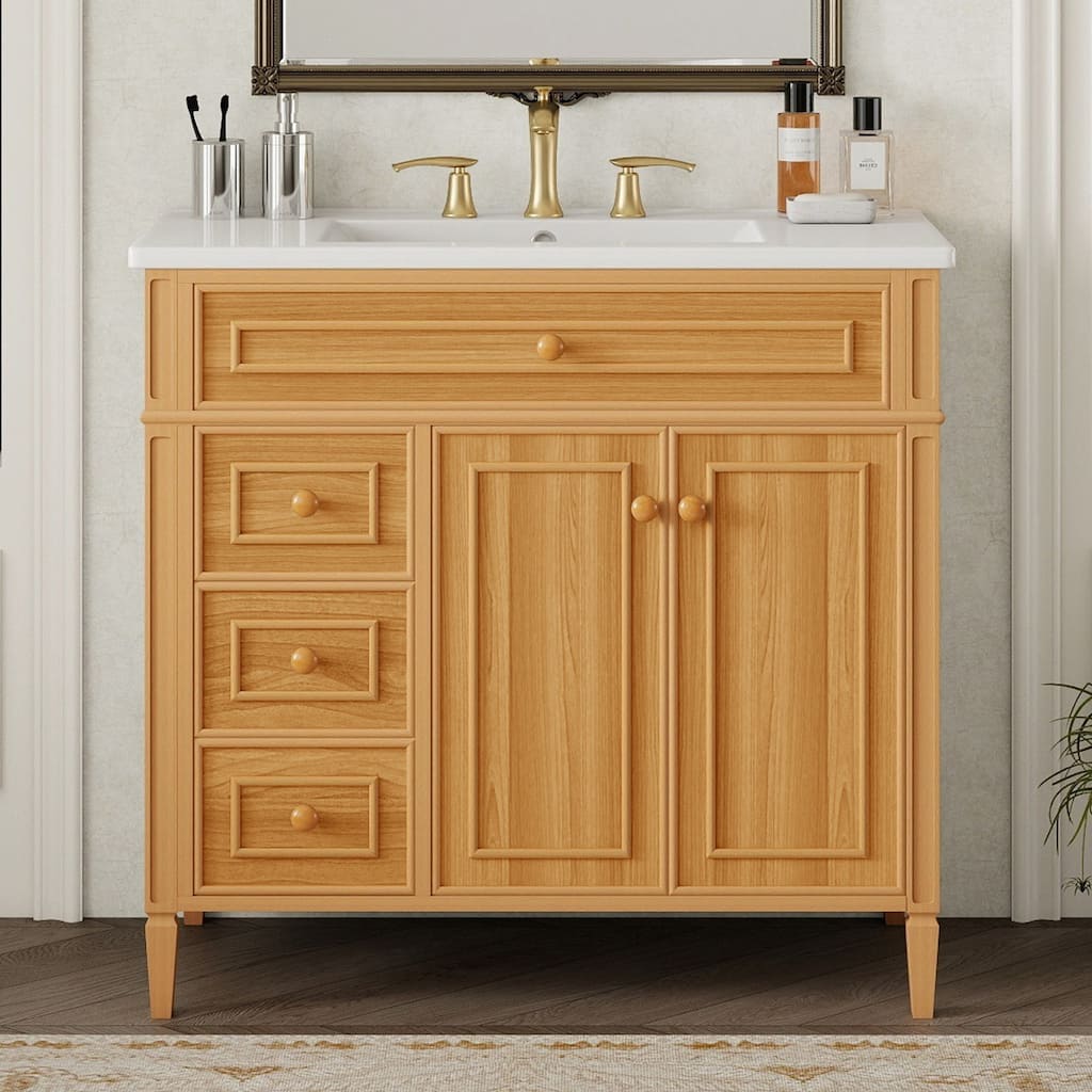 GDFStudio - Oliver Bennett 36-Inch Freestanding Bathroom Vanity with Flip-Out Storage and Refined Wood