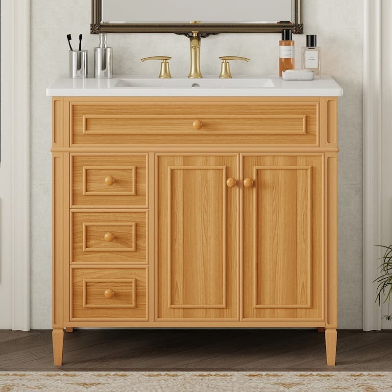 Merax Bathroom Vanity with Ceramic Sink Top & Dual-Size Drawers