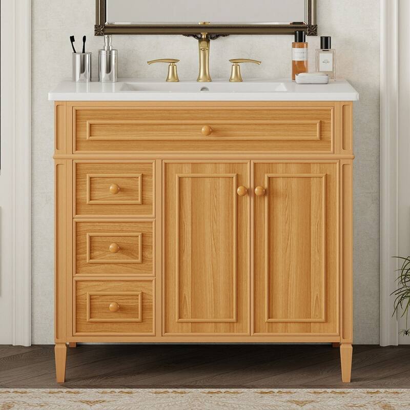 Roomfitters 36" Bathroom Vanity with Sink, Solid Wood Frame, Tilt-Out Drawer, 3 Drawers & 2 Soft-Close Doors, Wood - Wood
