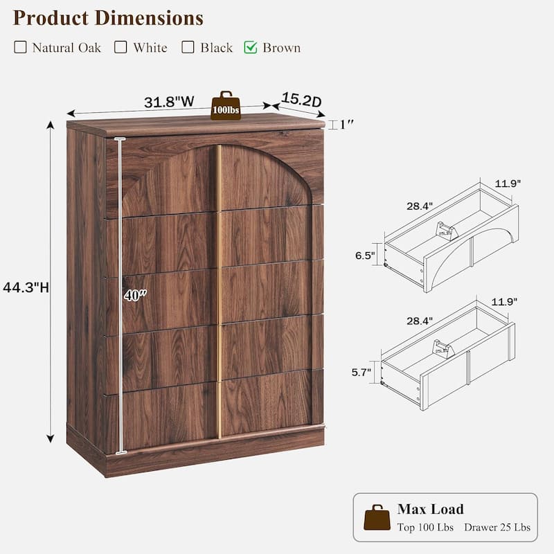 44" Tall Modern 5 Drawers Dresser with Arched Panel, Chest of Drawers