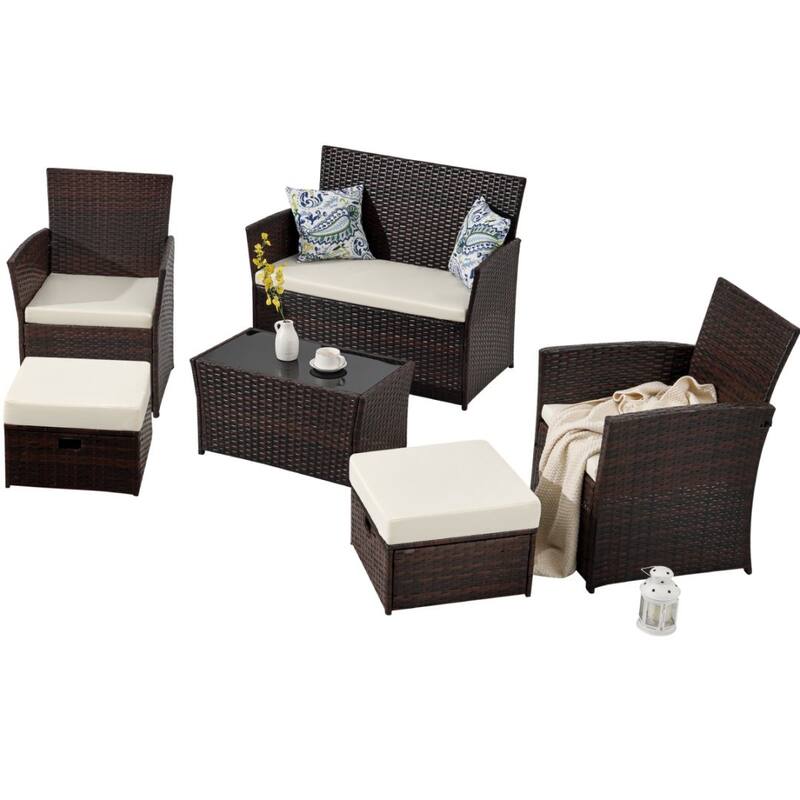 6-Piece Wicker Outdoor Sofa Set, 1 Loveseats, 2 Chairs, 2 Ottomans and 1 Table