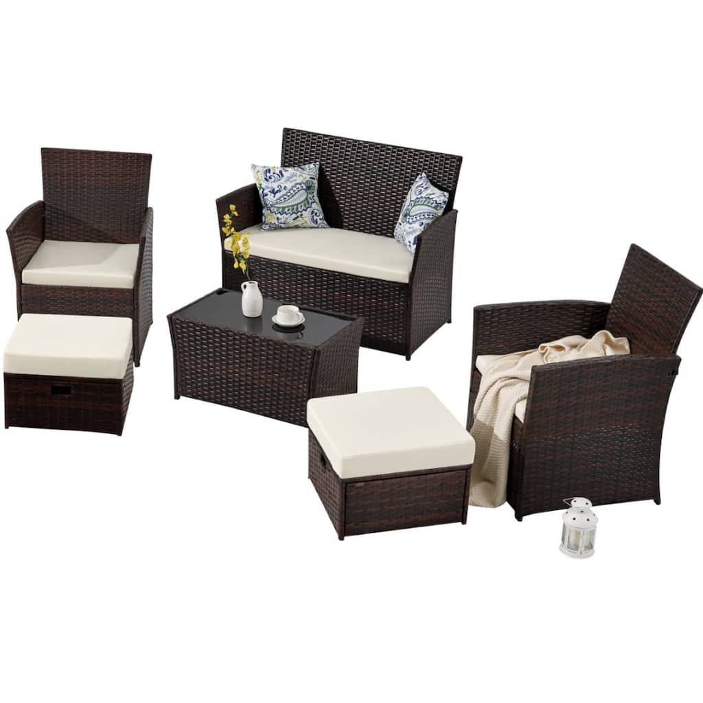 6-Piece Wicker Outdoor Sofa Set, 1 Loveseats, 2 Chairs, 2 Ottomans and 1 Table