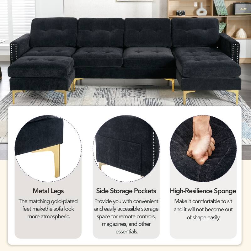 110.6" L-Shaped Convertible Velvet Sectional Sofa with Movable Ottoman and Storage Pockets for Living Room