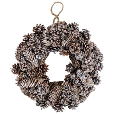 Frosted Assorted Pinecone Decorative Christmas Wreath, 13.5", Unlit