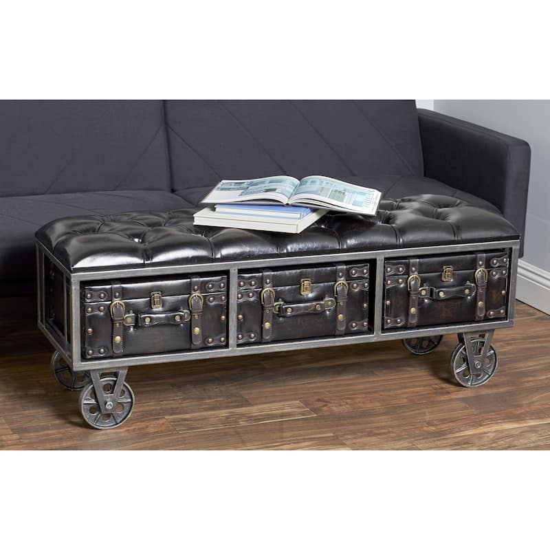 Faux Leather Tufted Upholstered 3 Trunk Room Storage Bench with Industrial Wheels and Gold Accents - Black - Roche River Decor