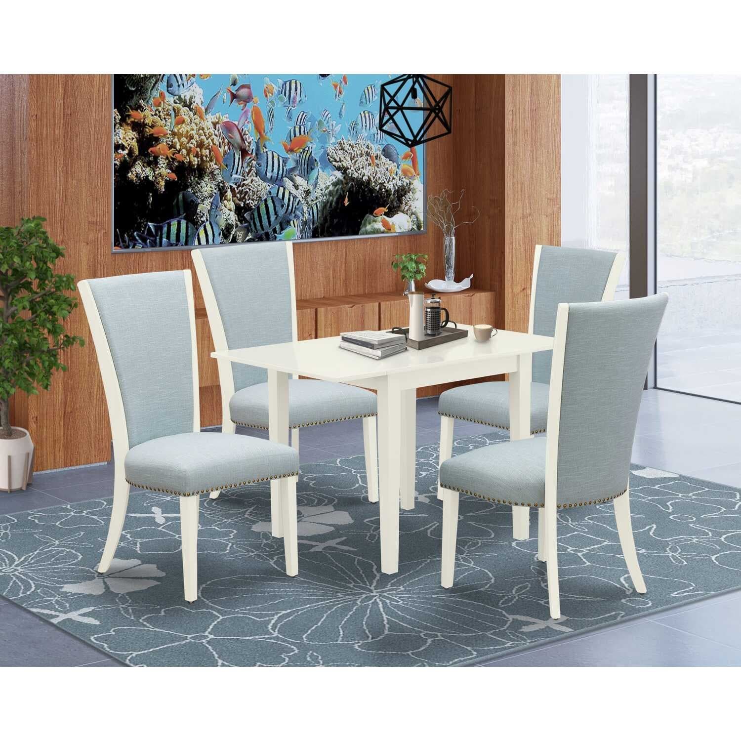 5-Piece Linen White Finish Solid Wood Top - Rectangular Dining Room Set - Seats 4