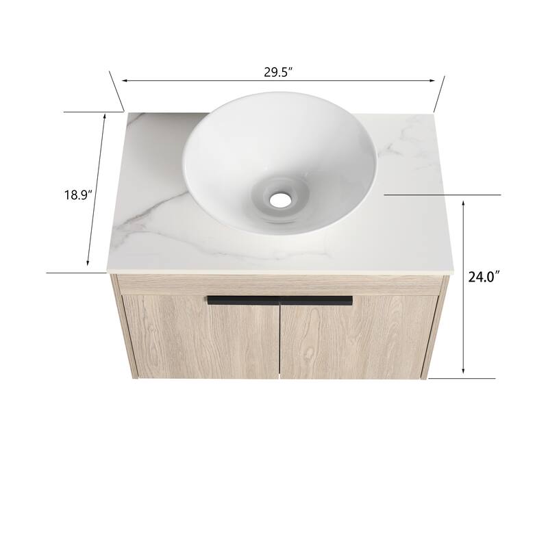 30''Modern Design Float Bathroom Vanity With Ceramic Basin Set,Wall Mounted White Oak Vanity With Soft Close Door