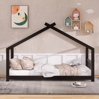 Twin Wood House Bed for Kids, Playhouse Design, Sturdy Pine Frame, Espresso