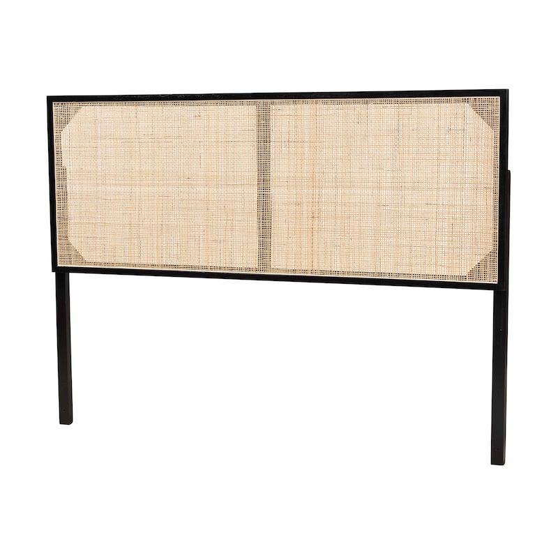 bali & pari Aurelia Modern Bohemian Bayur Wood and Natural Rattan Headboard - Black, Natural Brown