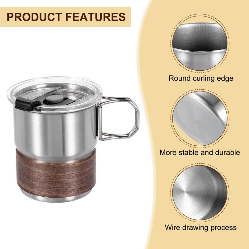304 Stainless Steel Cups with Handle & Sleeves & Lid, 10oz Double Wall Water Cup - Silver