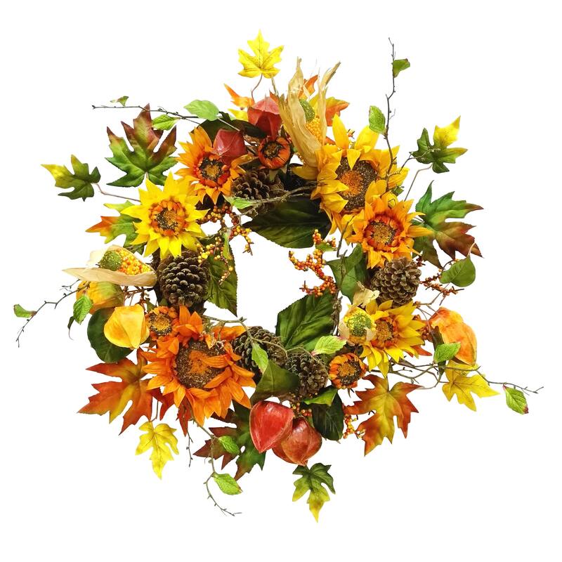 24" Fall Sunflowers Lantern Corn Wreath - Orange