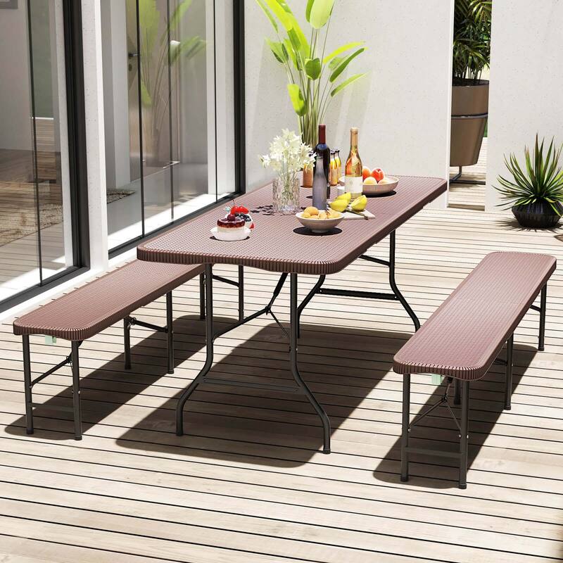 Costway 350 LBS Fold-in-Half Table with Rattan-Like HDPE Tabletop Safe - See Details