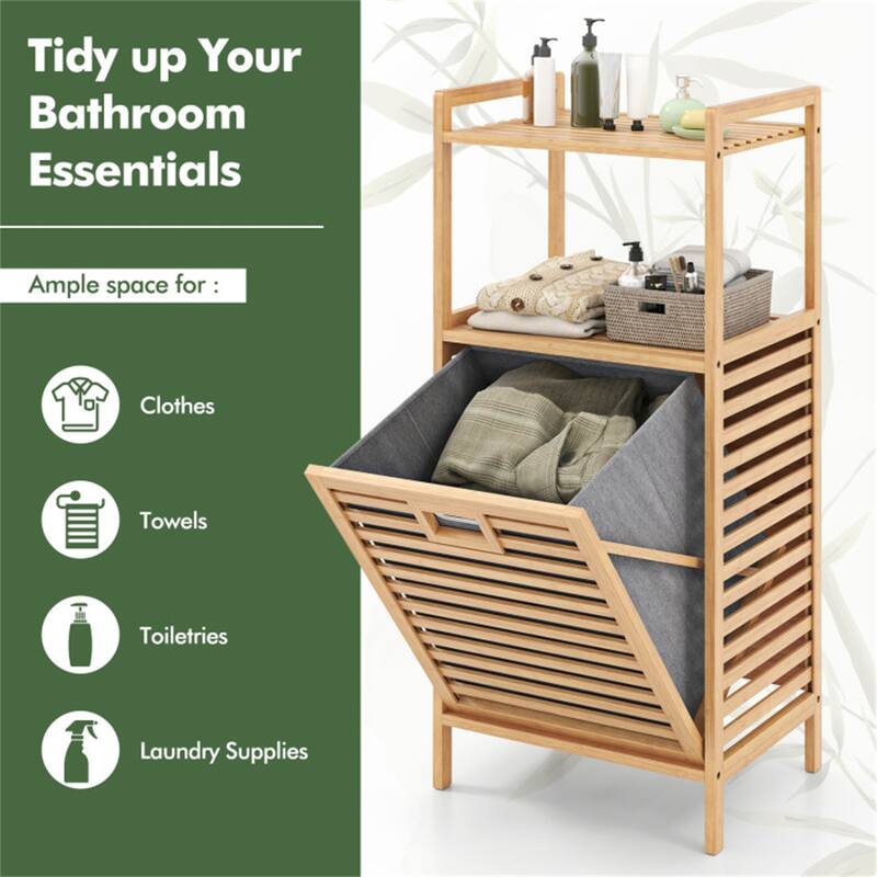 Wicker Tilt-Out Laundry Hamper with Shelves Removable Basket & Storage Natural and Gray - 18" × 13" × 38"