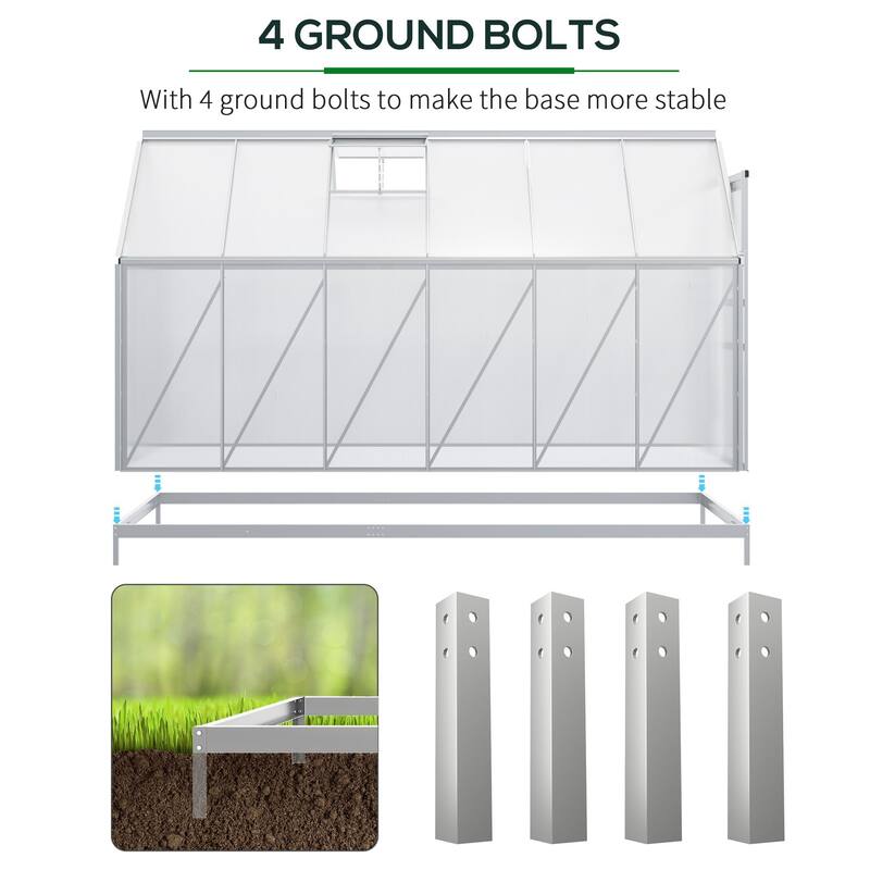 Outsunny 12' x 6' Aluminum Greenhouse, Polycarbonate Walk-in Garden Greenhouse Kit with Adjustable Roof Vent