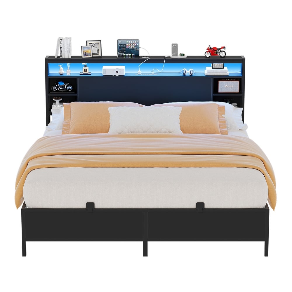 Bed Frame with Charging Station and RGB LED Lights, Sturdy Platform Bed with Storage Headboard,