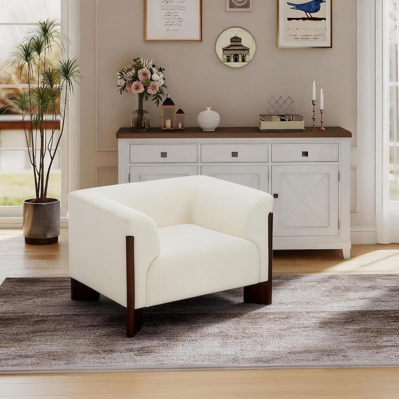 Mid-Century Tuxedo Arm Roomy Barrel Chair Oversized Loveseat Sofa - Beige-Chenille - Armchair