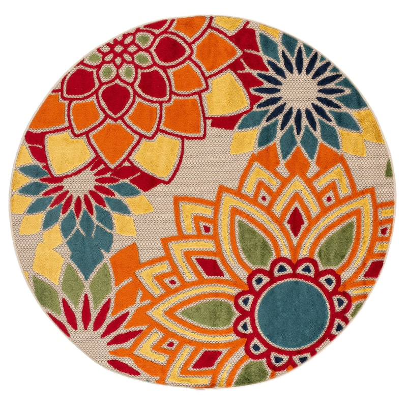 SAFAVIEH Cabana Ingke Indoor/ Outdoor Waterproof Patio Floral Rug - 5'3" Round - Ivory/Orange