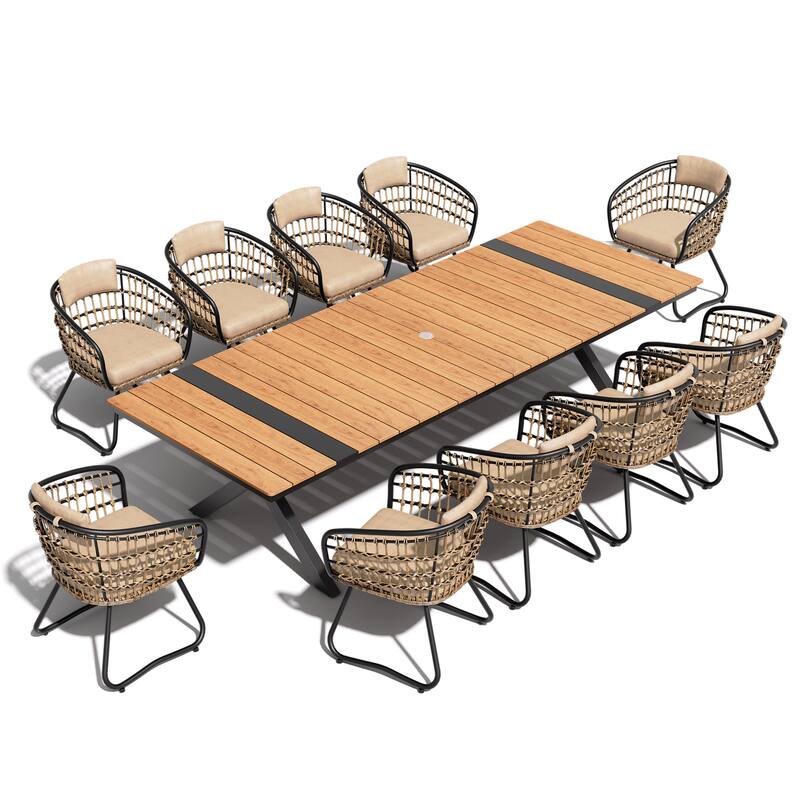 11PC Outdoor Patio Aluminum Dining X Frame Table and Rattan Chairs Set with Umbrella Hole