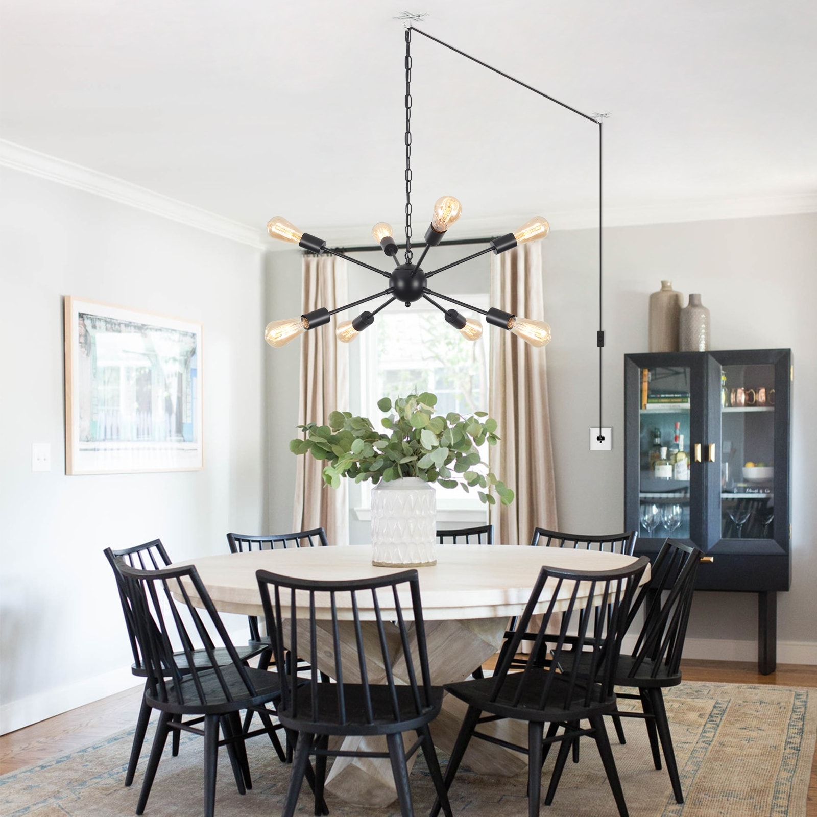 8 Light 23.54 in. Sputnik Chandelier for Living Room with Plug in Cord Black