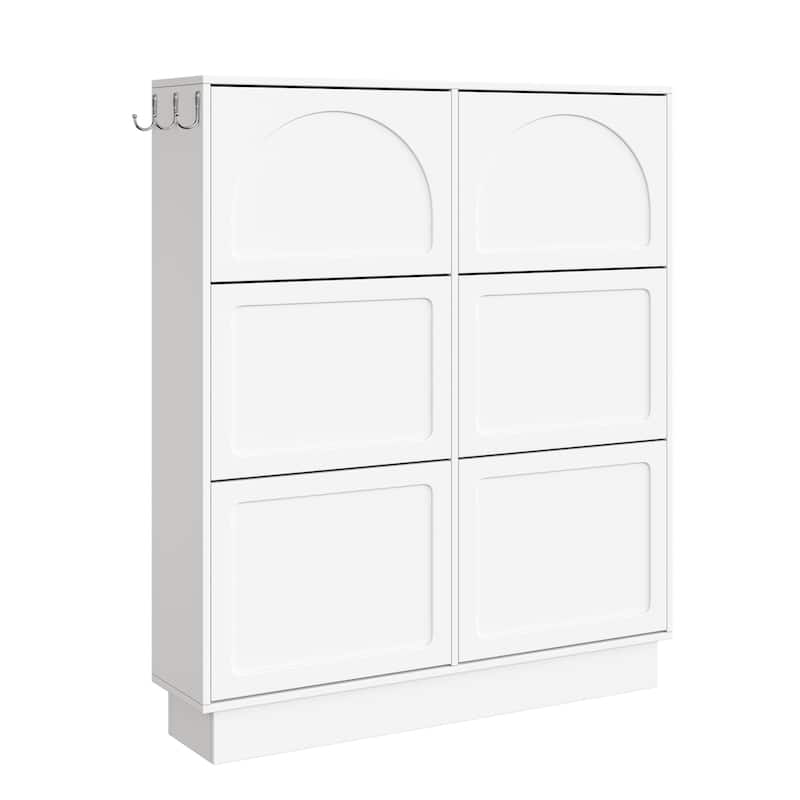 Sleek Cream-Colored Tipping Bucket Shoe Cabinet – Entryway Organizer with 6 Flip Drawers, Adjustable Shelf & 3 Silver Hooks