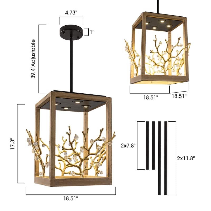 Farmhouse Gold 4-Light LED Crystal Adjustable Lantern Pendant Light