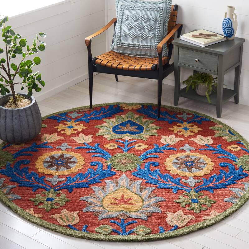 SAFAVIEH Handmade Blossom Malka Floral Wool Rug - 6' Round - Red/Blue