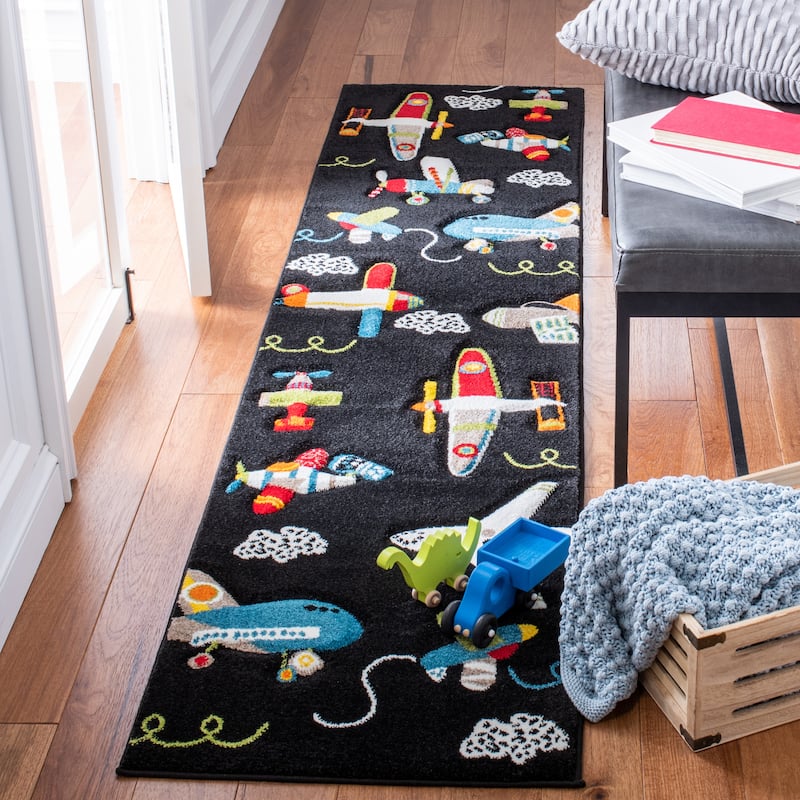 SAFAVIEH Carousel Kids Ardak Airplane Rug - 2' x 8' Runner - Black/Ivory - Runner