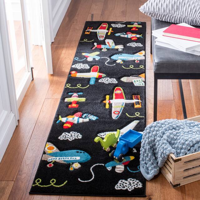 SAFAVIEH Carousel Kids Ardak Airplane Rug - 2' x 8' Runner - Black/Ivory