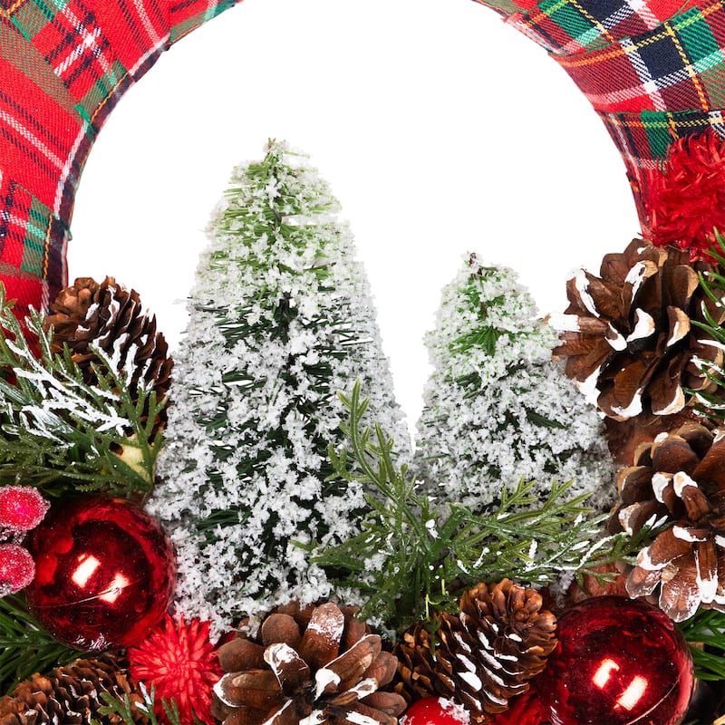 Frosted Trees and Pinecone Plaid Artificial Christmas Wreath - 13.5" - Unlit