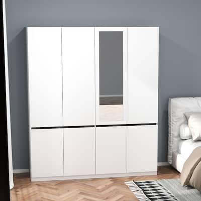 63"W White Wardrobe Armoire Closet,Large Wardrobe Cabinet with Hanging Rod and mirror, Clothes Storage Cabinet