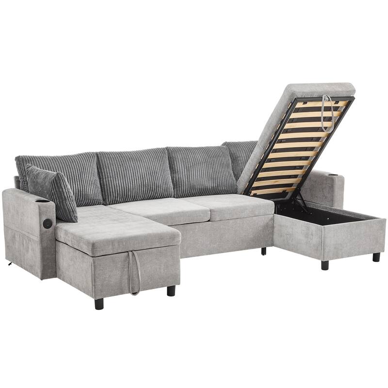 111.8" Chenille Sectional Sleeper Sofa U-Shaped Convertible Sofa Bed with Storage Chaise and USB Ports