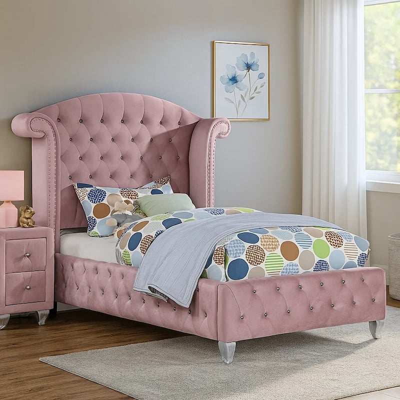 Zoha Twin Size Bed w Wingback Tufted Headboard, Cabriole Legs, Pink