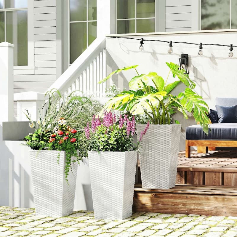 Outsunny Tall Planters for Outdoor Plants Set of 3, 24 In Taper Planters with Drainage Holes, Rattan Decor Plant Pots