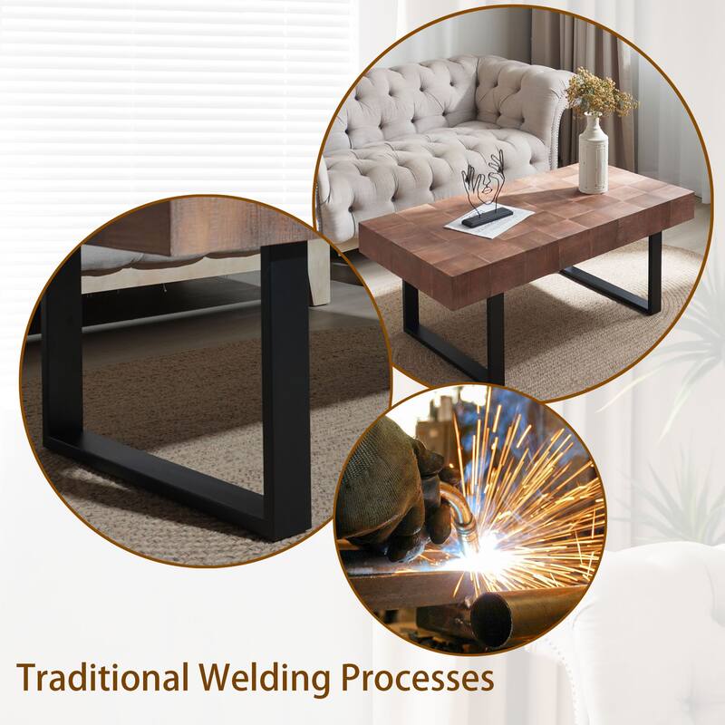 47.2" Wood Coffee Table with Parquet Surface & Metal Frame
