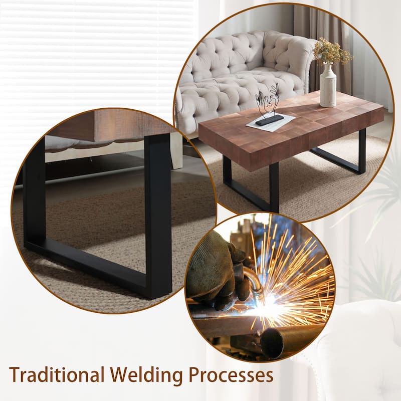 Rustic Industrial Handcrafted Coffee Table with Parquet-Style Surface and Black Metal Legs, Natural Wood Grain Finish