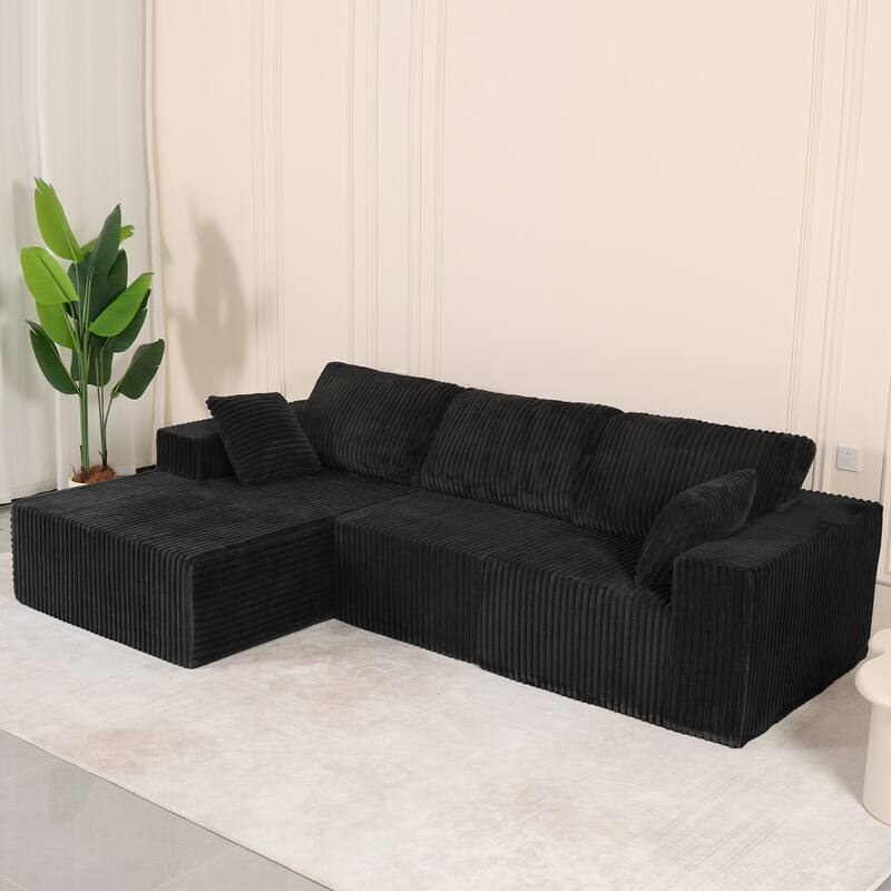 L-Shape Sectional Sofa with Chaise & Pillow, Deep-Seat Cloud Couch - Black