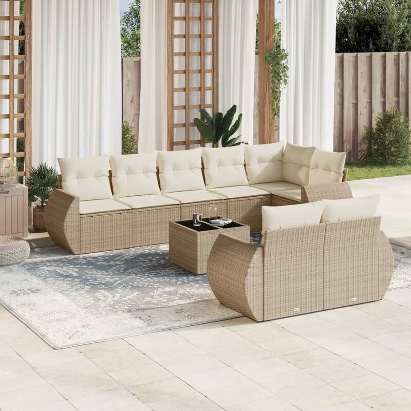 vidaXL Patio Sofa Set with Cushions Outdoor Conversation Furniture Poly Rattan - Beige and cream with table - 21.7 x 21.7 x 14.6
