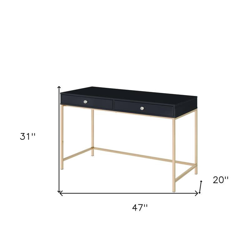Black Wood Writing Desk with Gold Metal Base, Drawers and Shelving