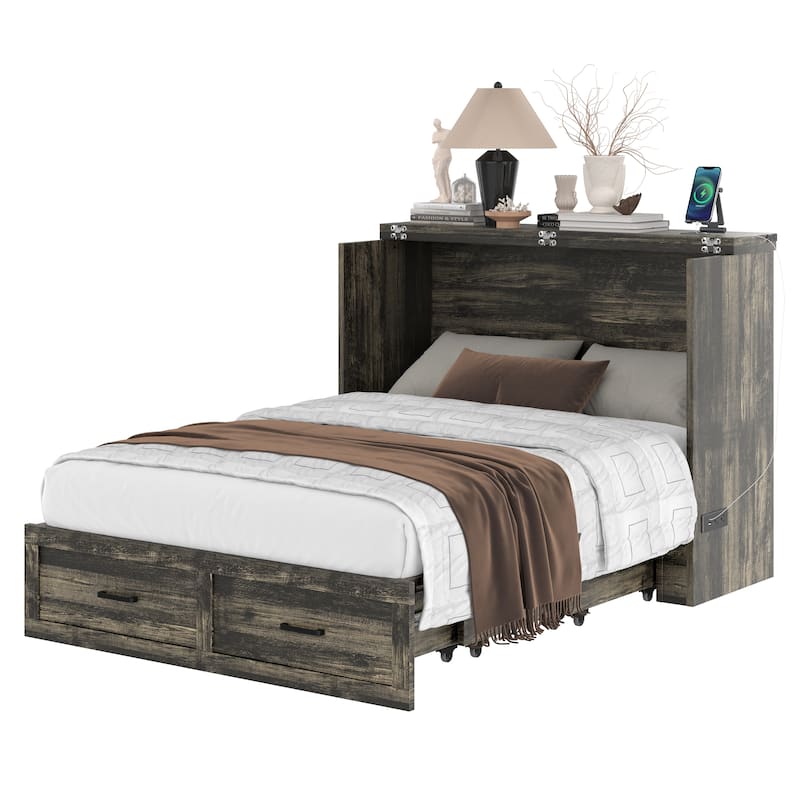Murphy Bed Cabinet Full Size with Charging Station, Multi-Functional Foldable Platform Bed with 1 Large Storage Drawer